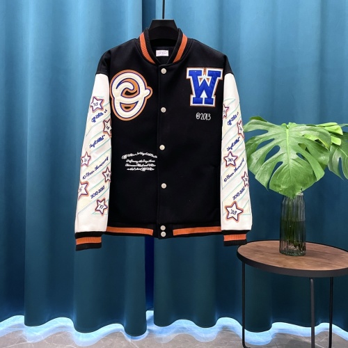 Off-White Varsity Jacket, Wool Blend with Leather Sleeves, Embroidered Details