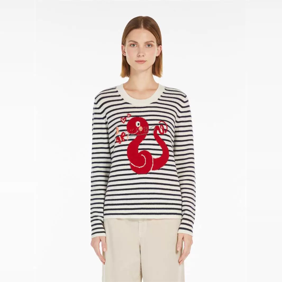 NO:309820,Model number G25011246 MaxMar*a new model high-end custom wool yarn fabric, snake-year limited cartoon pattern loose pull-out striped long-sleeved sweater top!  White, (M size bust 100, sleeve length 61, clothing length 58, alexander wang19860909款号G25011246 MaxMar*a新款 高端定制羊毛纱线面料、蛇年限定卡通图案宽松套头条纹长袖针织衫上衣！白色,（M码胸围100,袖长61,衣长58,,alexander wang,Women's clothing
