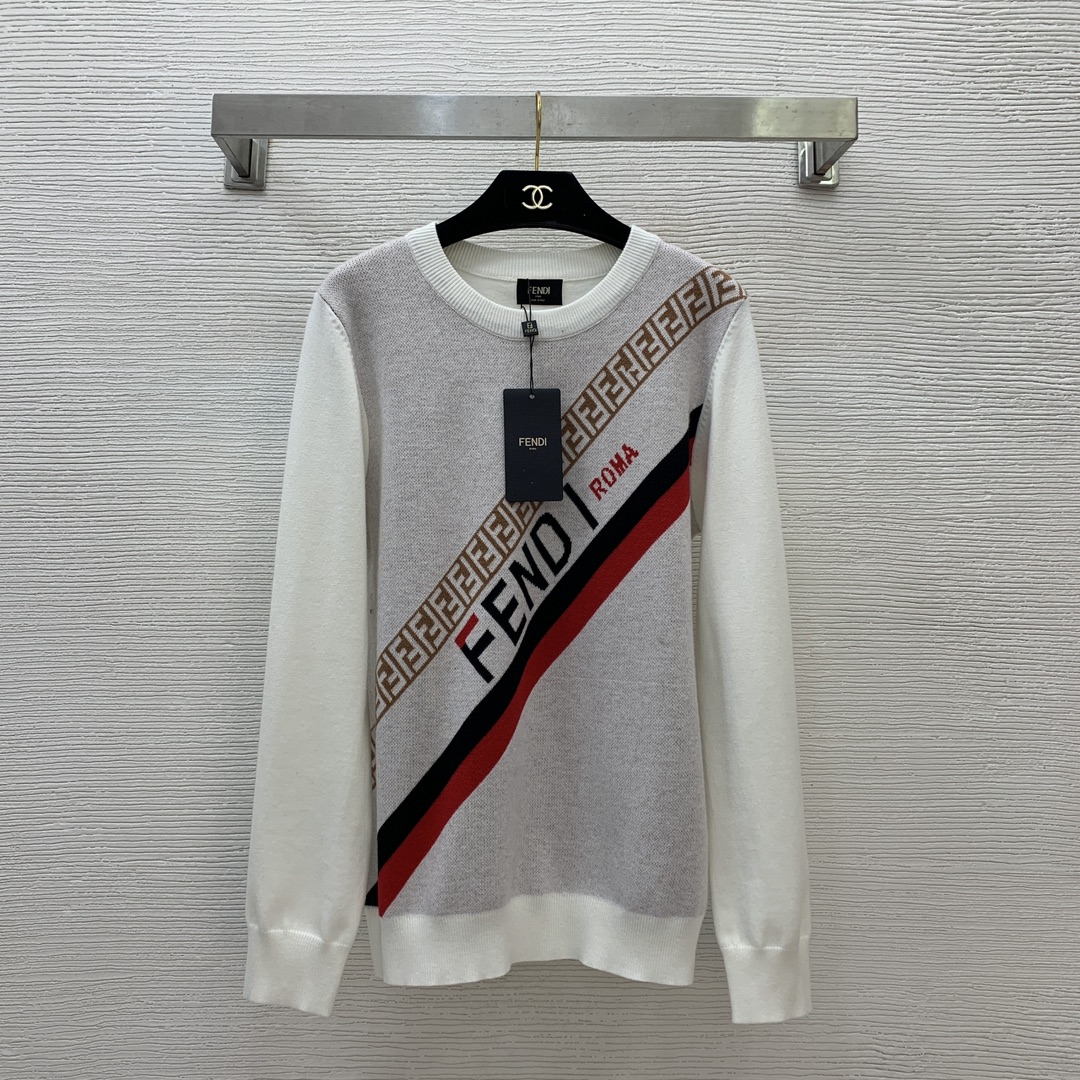 NO:313408,Model number D250020684 Fend* new style contrasting twill double FF letter logo logo, fashionable and versatile pullover long-sleeved sweater top!  White, black, (Size S bust 94, sleeve length 64, clothing length 67), fendi, alexander wang19860909款号D250020684 Fend*新款 撞色斜纹双FF字母logo标志 时尚百搭套头长袖针织衫上衣！白色、黑色、（S码胸围94,袖长64,衣长67）,,fendi,alexander wang,Women's clothing