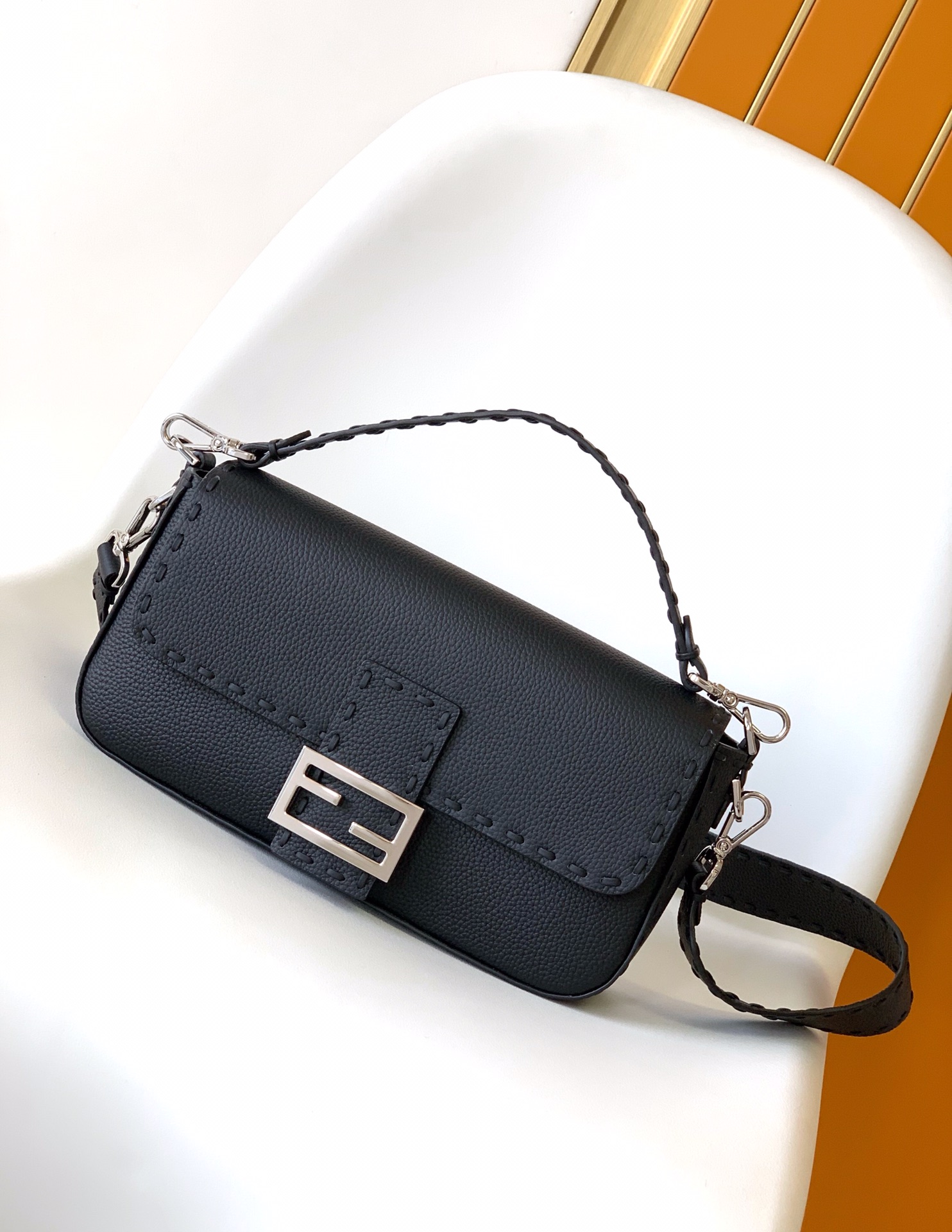 Fendi Baguette Medium Black Leather Shoulder Bag with Silver Hardware 1 i1737352009 4384 0