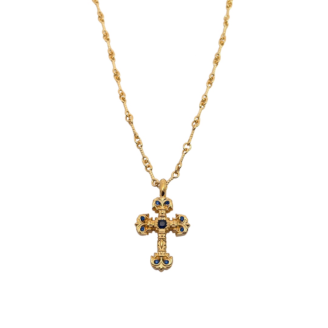 NO:114905,Croxin Gold-plated blue diamond mini flame cross with handmade chains Gold-plated handmade blue diamonds with high-quality texture Fashion matching, jewelry boutique, chrome hearts, gold plating19860909克罗心 镀金蓝钻迷你火焰十字架 搭配手工链 镀金 手工镶嵌蓝钻 质感高级 时尚搭配,饰品精品,chrome hearts,gold plating,Jewelry
