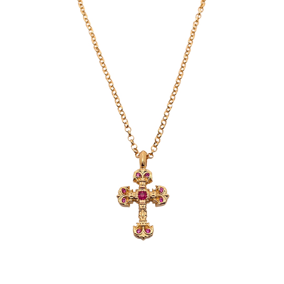 NO:114899,Croxin Gold-plated Red Diamond Mini Flame Cross Matched with pearl chains Gold-plated Hand-in-made red diamonds High-quality texture Fashion matching, jewelry boutique, chrome hearts, gold plating19860909克罗心 镀金红钻迷你火焰十字架 搭配珍珠链 镀金 手工镶嵌红钻 质感高级 时尚搭配,饰品精品,chrome hearts,gold plating,Jewelry