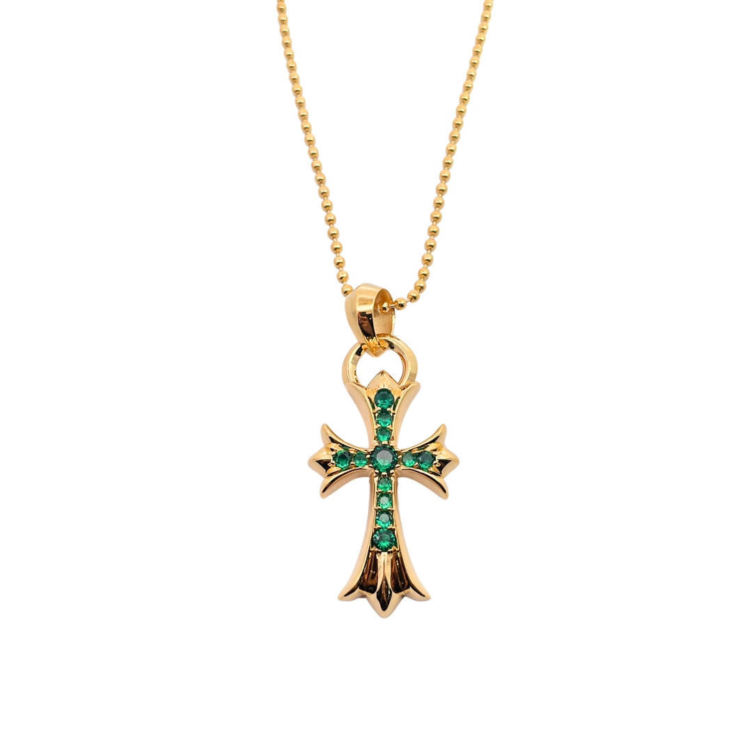 NO:114910,Croxin Gold-plated green diamond water drop cross Matched with round bead chains Gold-plated Hand-in-made green diamonds High-quality texture Fashion matching, jewelry boutique, chrome hearts, gold plating19860909克罗心 镀金绿钻水滴十字架 搭配圆珠链 镀金 手工镶嵌绿钻 质感高级 时尚搭配,饰品精品,chrome hearts,gold plating,Jewelry