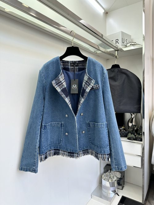 MEET HER Denim Jacket Classic Blue Loose Fit with Plaid Trim