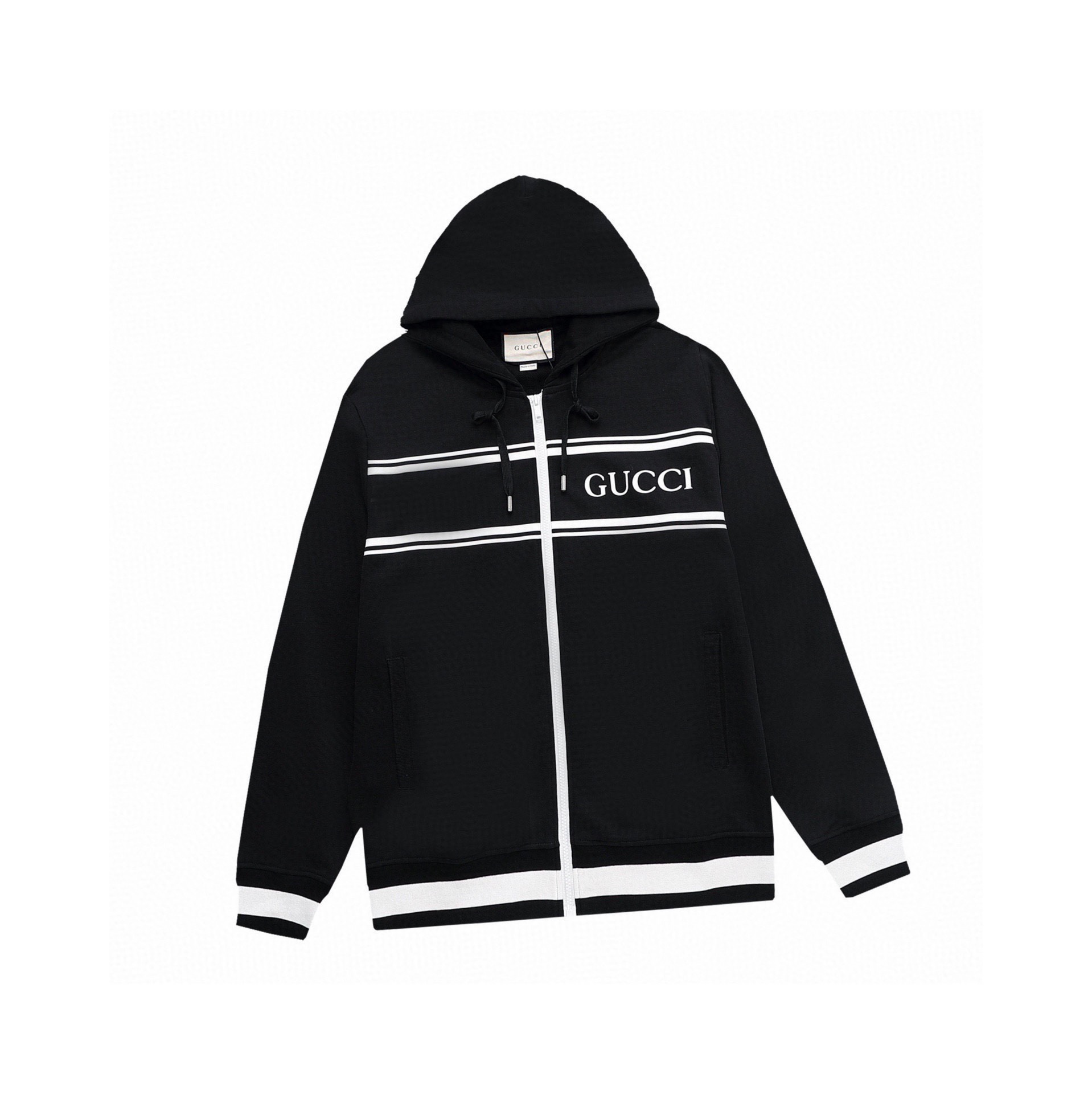 古驰/Gucci 秋冬新品 经典条纹字母压胶开衫拉链连帽外套 黑色/藏青