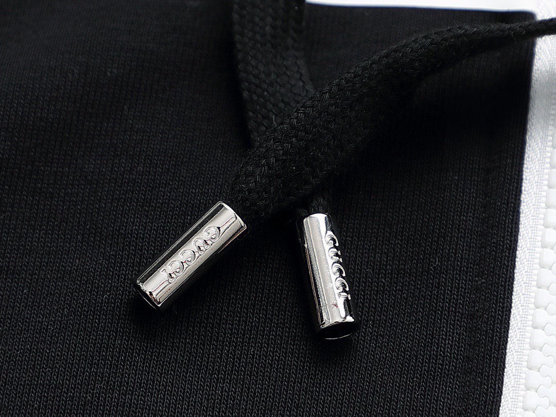 古驰/Gucci 秋冬新品 经典条纹字母压胶开衫拉链连帽外套 黑色/藏青