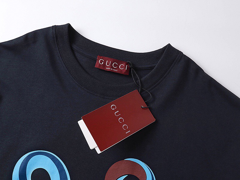 古驰/Gucci 夏季新品 限定灵蛇字母印花圆领短袖T恤 海军蓝/白色