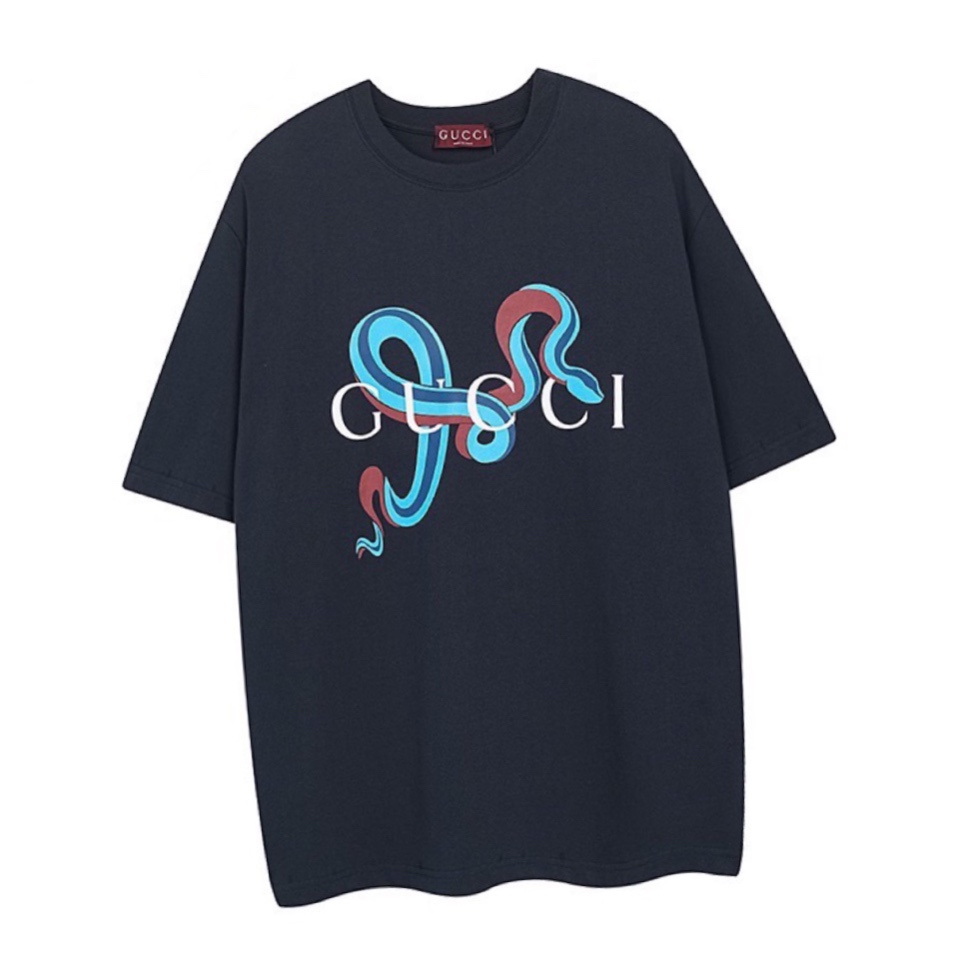 古驰/Gucci 夏季新品 限定灵蛇字母印花圆领短袖T恤 海军蓝/白色