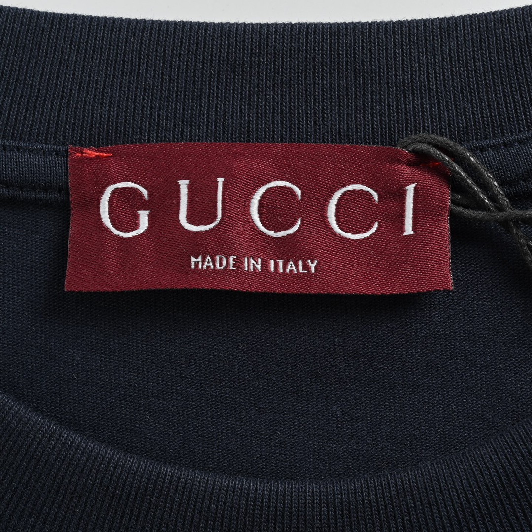 古驰/Gucci 夏季新品 限定灵蛇字母印花圆领短袖T恤 海军蓝/白色