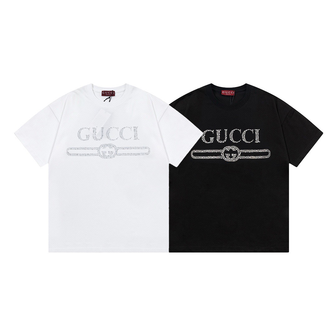 古驰/Gucci 夏季新品 经典腰带烫钻圆领短袖T恤 黑色白色