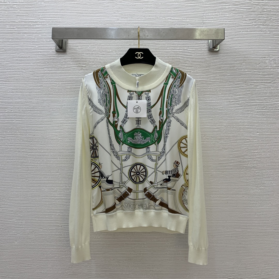 NO:308727,Model number G25021984 Hermè* new model H home high-end customization uses 19 Mmí silk twill spliced ​​stretch knitted fabric!  Belt Chain Wheel Pattern Printed Long Sleeve Pullover Knit Top!  Red, beige, apricot color, (M size bust 100, sleeve length 65, clothing length 58), hermes, real silk, alexander wang19860909款号G25021984 Hermè*新款 H家高端定制采用19姆米真丝斜纹绸拼接弹力针织面料！皮带链条车轮图案印花长袖套头针织衫上衣！红色、米白色、杏色、（M码胸围100,袖长65,衣长58）,,hermes,real silk,alexander wang,Women's clothing