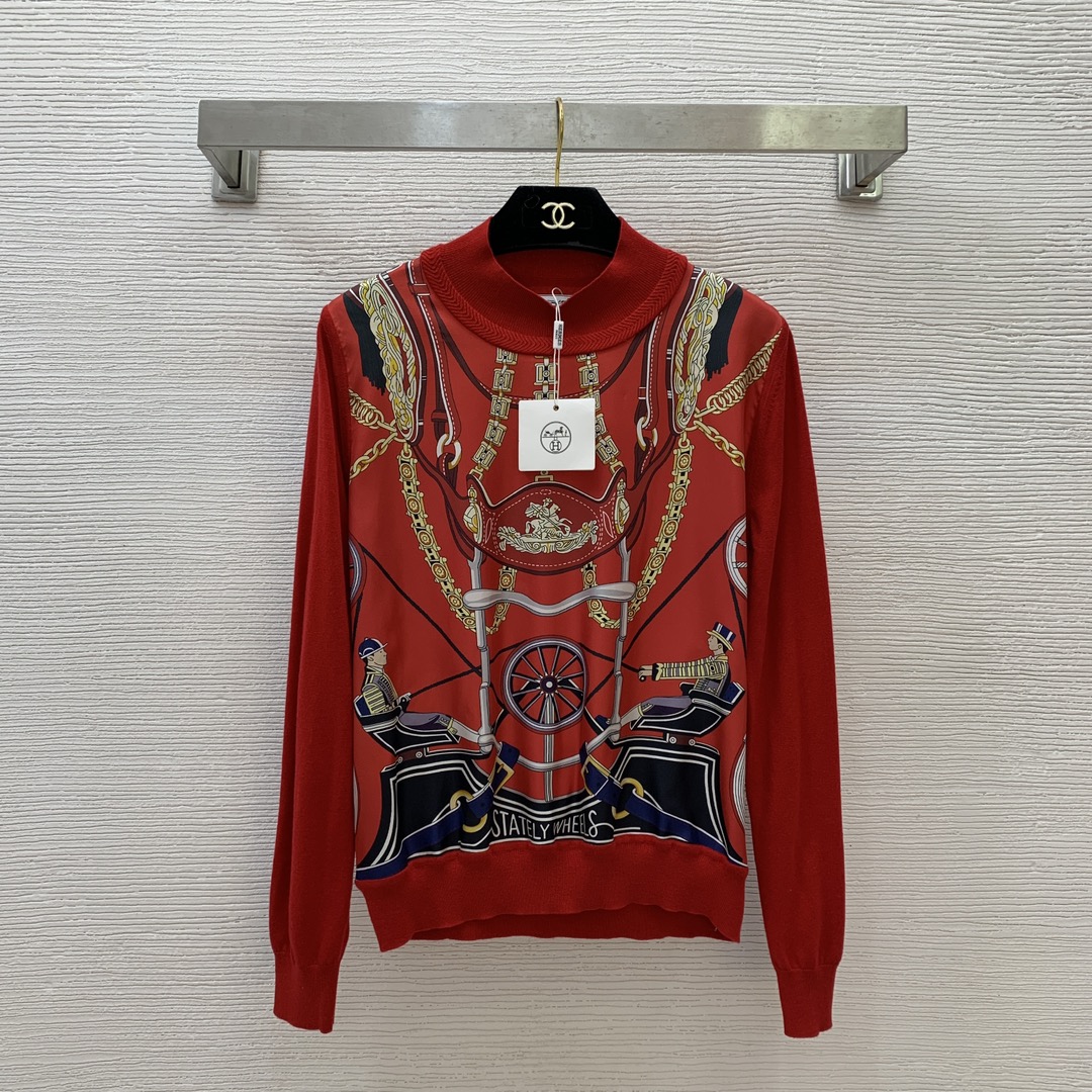 NO:308730,Model number G25021984 Hermè* new model H home high-end customization uses 19 Mmí silk twill spliced ​​stretch knitted fabric!  Belt Chain Wheel Pattern Printed Long Sleeve Pullover Knit Top!  Red, beige, apricot color, (M size bust 100, sleeve length 65, clothing length 58, hermes, real silk, alexander wang19860909款号G25021984 Hermè*新款 H家高端定制采用19姆米真丝斜纹绸拼接弹力针织面料！皮带链条车轮图案印花长袖套头针织衫上衣！红色、米白色、杏色、（M码胸围100,袖长65,衣长58,,hermes,real silk,alexander wang,Women's clothing