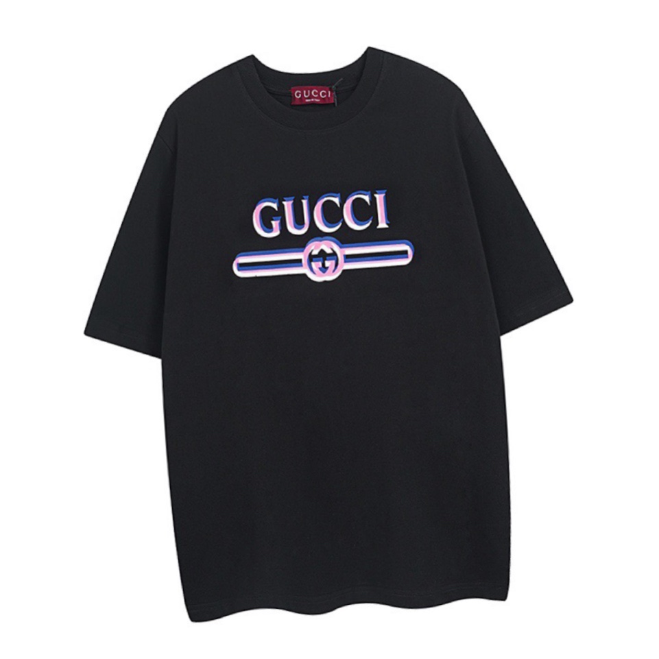 古驰/Gucci 夏季新品 重影腰带字母印花圆领短袖T恤 黑色/白色