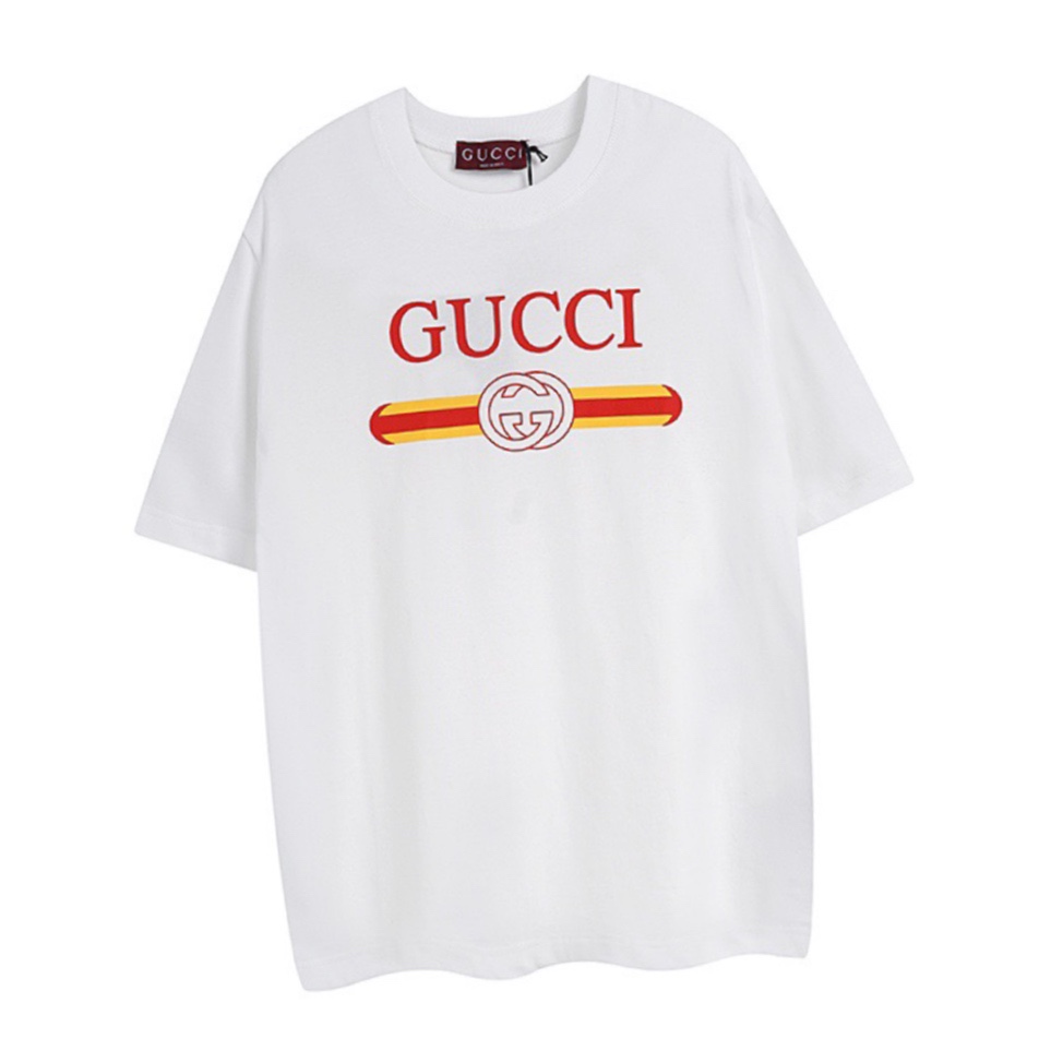 古驰/Gucci 夏季新品 橙条腰带字母印花圆领短袖T恤 黑色/白色