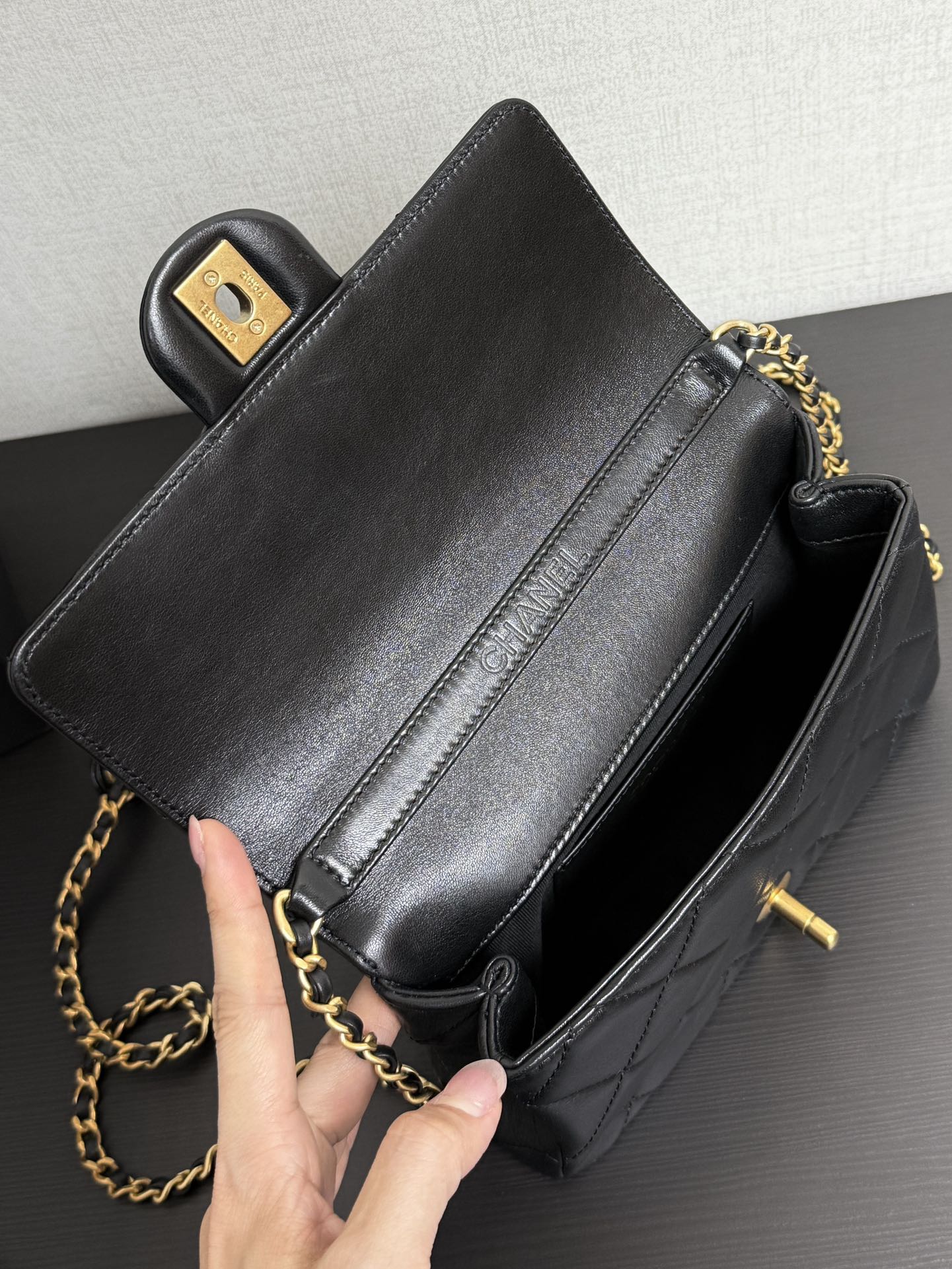 Chanel Black Quilted Leather Top Handle Flap Bag with Gold Chain Shoulder Strap 7 i1739956626 4717 6