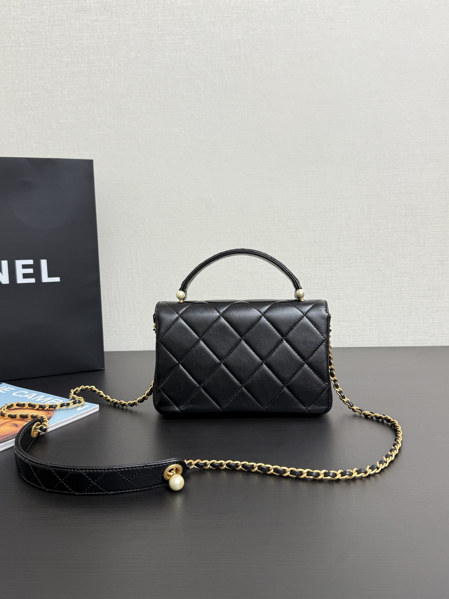 Chanel Black Quilted Leather Top Handle Flap Bag with Gold Chain Shoulder Strap 6 i1739956626 8077 5
