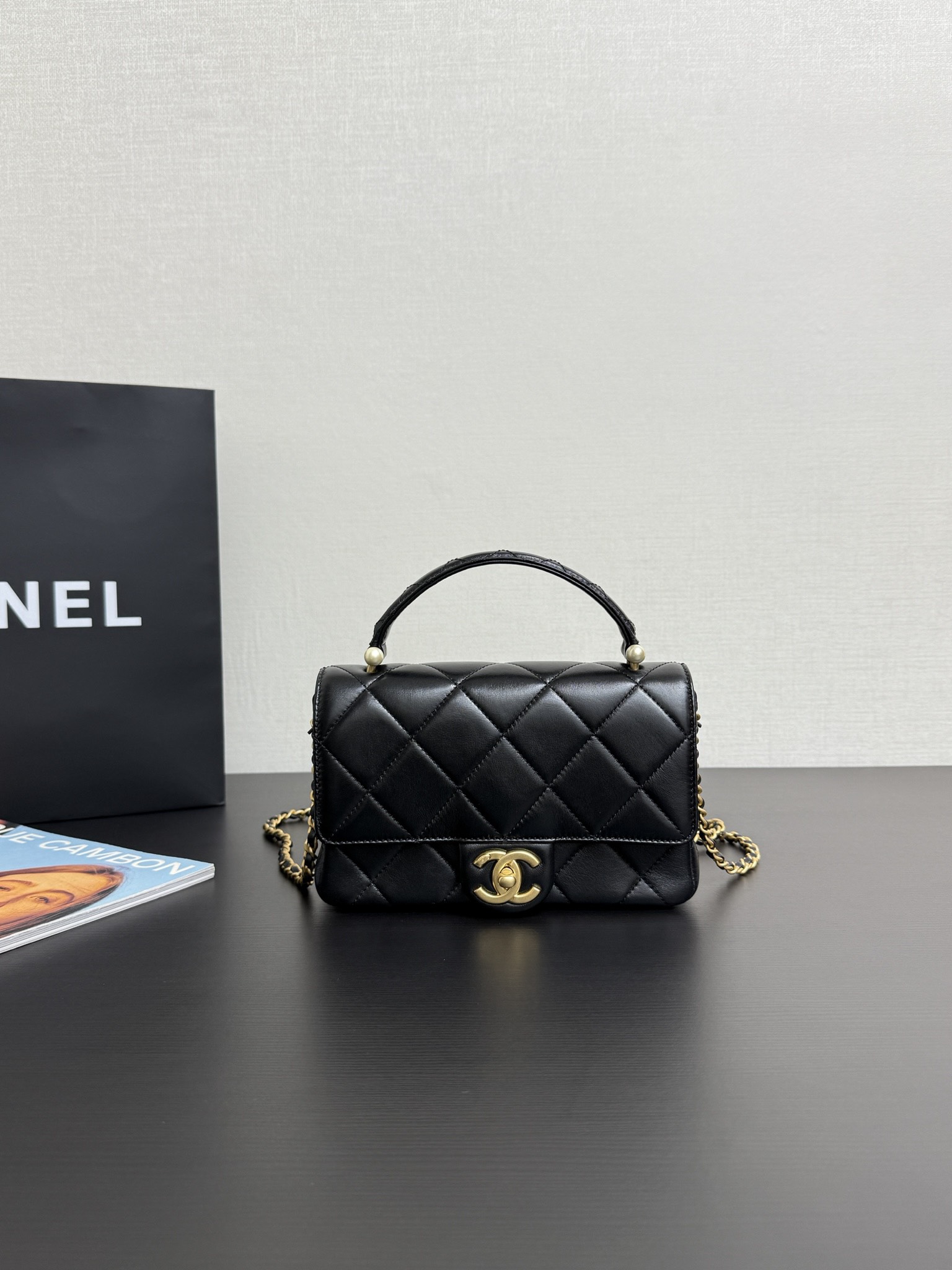 Chanel Black Quilted Leather Top Handle Flap Bag with Gold Chain Shoulder Strap 1 i1739956626 9059 0