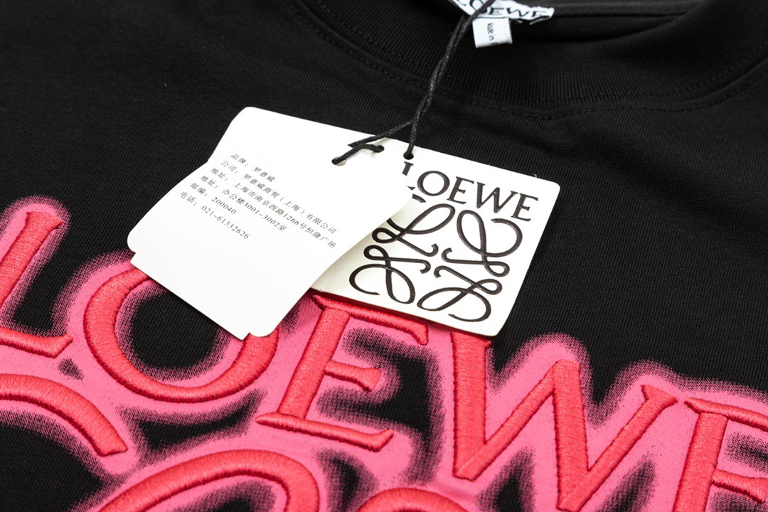 罗意威/Loewe 夏季新品霓虹刺绣荧光粉圆领短袖T恤 黑色