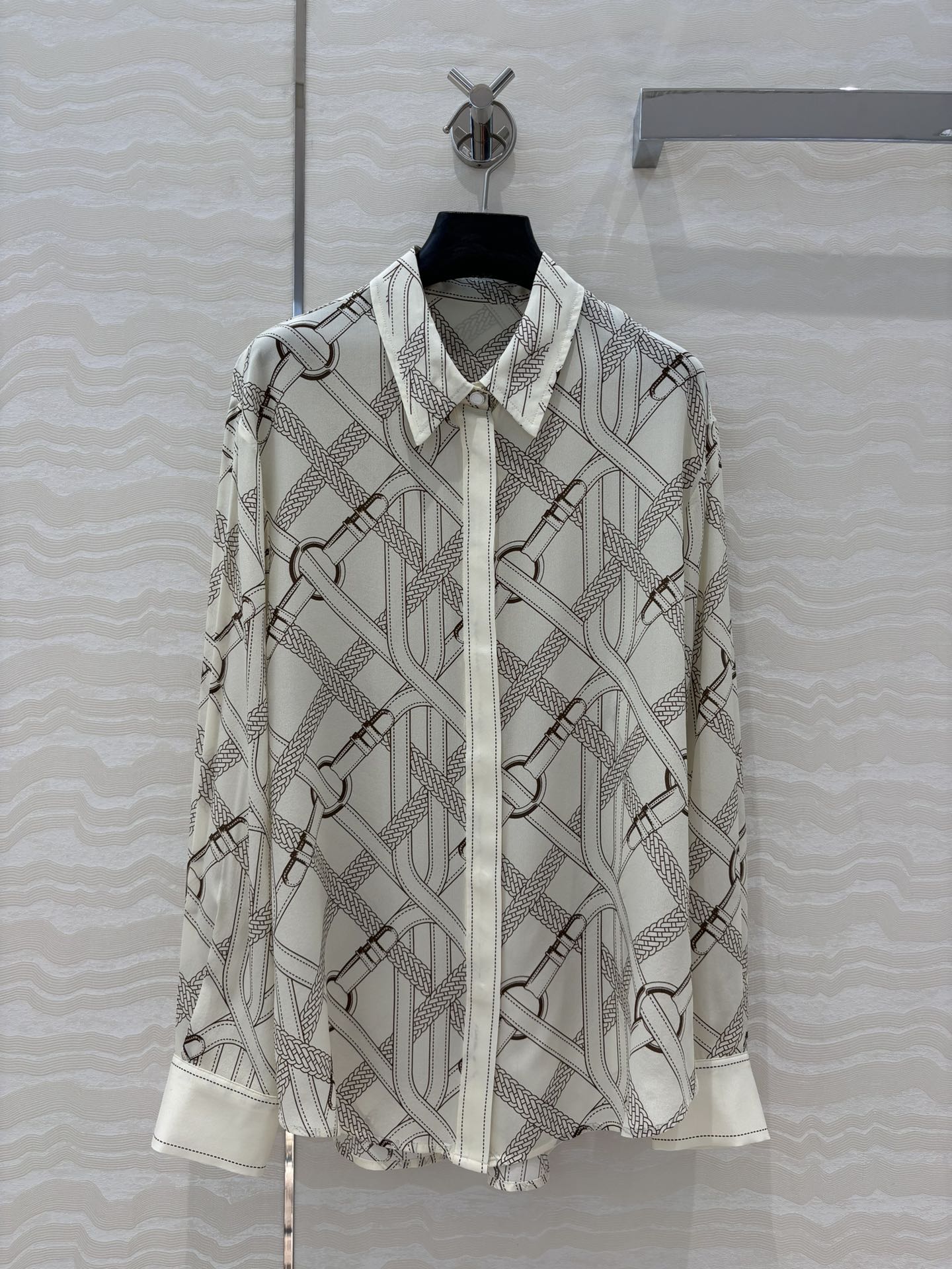 Elegant Silk Blouse with Chain and Buckle Print, Designer Inspired