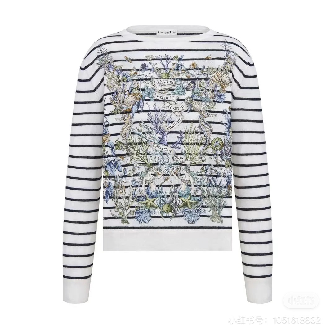 NO:309837,Model number D25022178 Dio*25 Early Spring Series New Model Seaweed Shell Starfish Printed Pattern Back CD Bee Embroidered Striped Pullover Long Sleeve Knitted Sweater Top!  (M size bust 96, sleeve length 62, clothing length 55), dior, alexander wang19860909款号D25022178 Dio*25早春系列新款 胸前海草贝壳海星印花图案后背CD小蜜蜂刺绣条纹套头长袖针织衫上衣！（M码胸围96,袖长62,衣长55）,,dior,alexander wang,Women's clothing