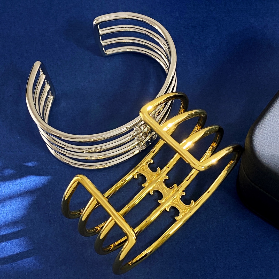 Céline Euro-Fashion Street Brass Open C-Shaped Bracelet in Gold and Silver - 图片 4