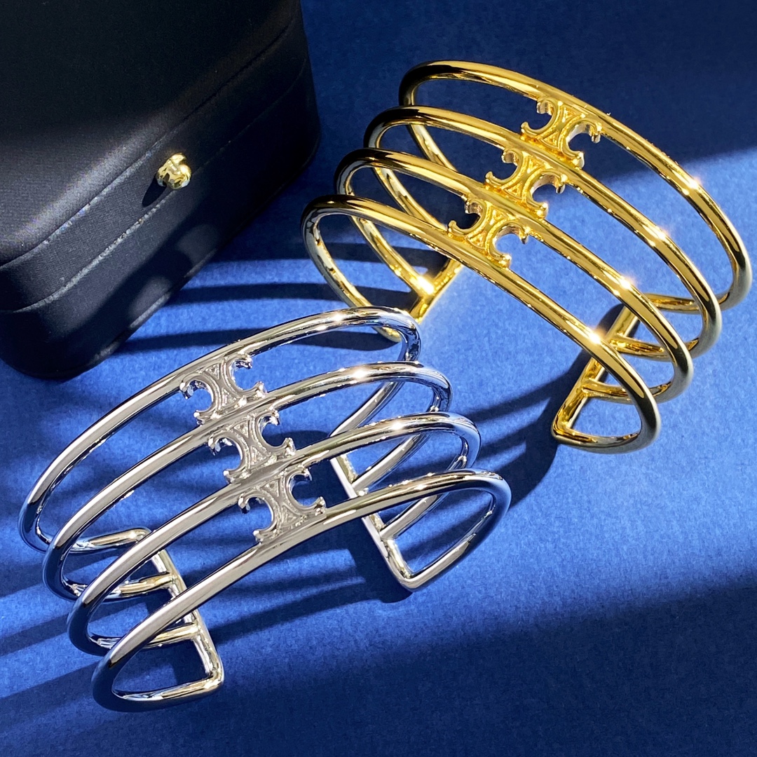 Céline Euro-Fashion Street Brass Open C-Shaped Bracelet in Gold and Silver