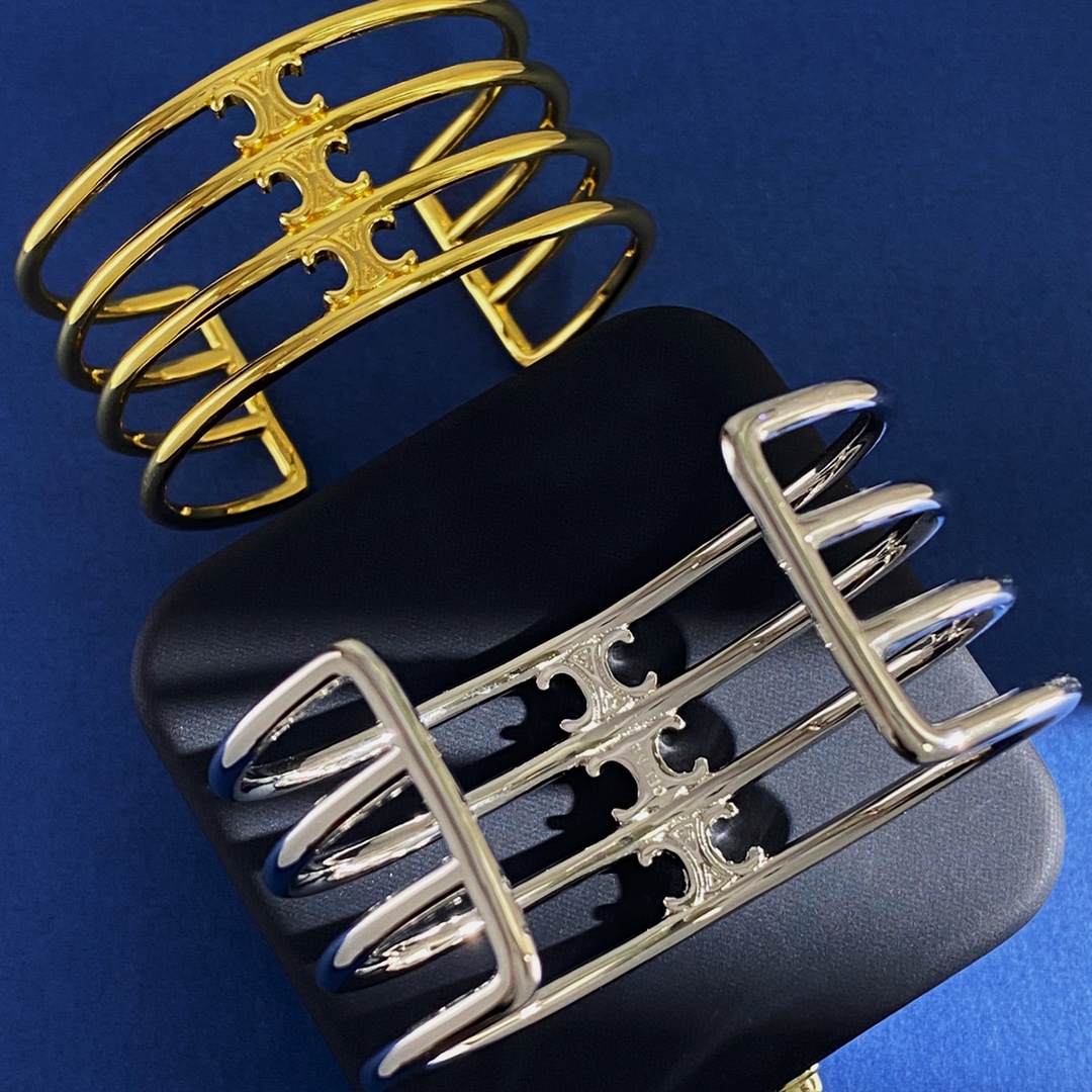 Céline Euro-Fashion Street Brass Open C-Shaped Bracelet in Gold and Silver - 图片 6