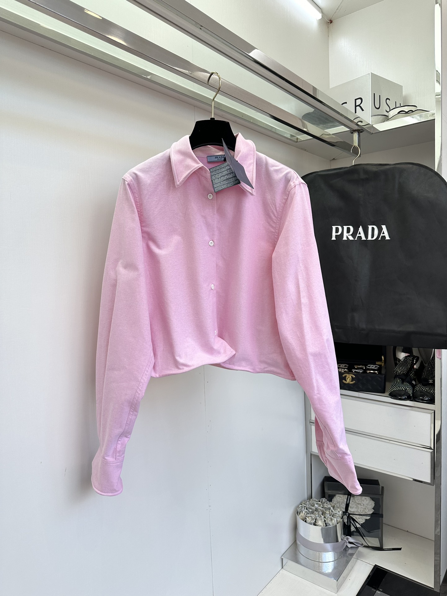 Stylish Prada P690 Dress with Plastic Collar Design in Pink Blue Color