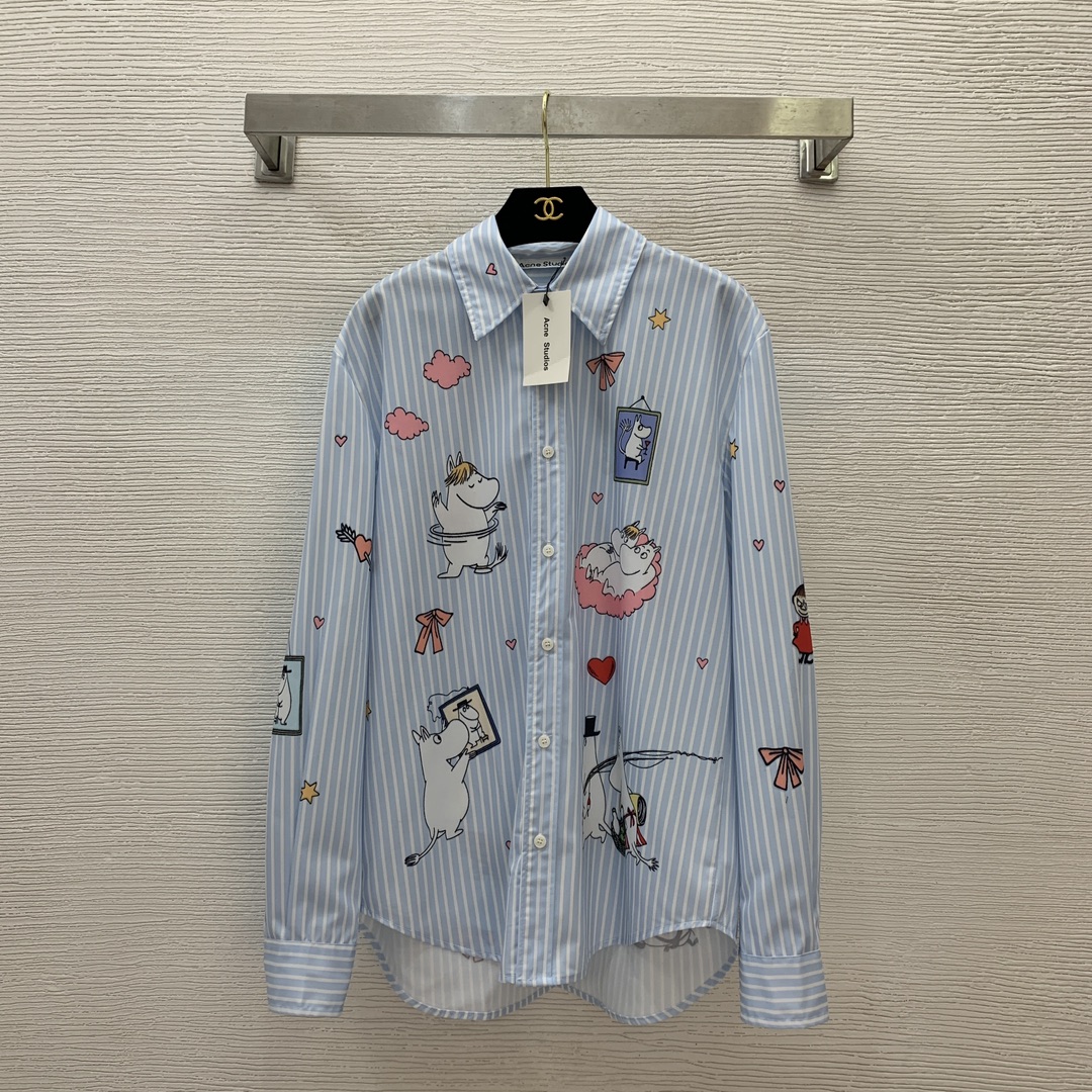NO:312295,Model number D25022656 Acne* new style custom fun cartoon pictures printed buttoned lapel loose fashionable long-sleeved striped shirt!  Pink, blue, (M size bust 114, sleeve length 65, clothing length 75/77), acne studios, alexander wang19860909款号D25022656 Acne*新款 定制趣味卡通图片印花系扣翻领宽松时尚长袖条纹衬衣！粉色、蓝色、（M码胸围114,袖长65,衣长75/77）,,acne studios,alexander wang,Women's clothing