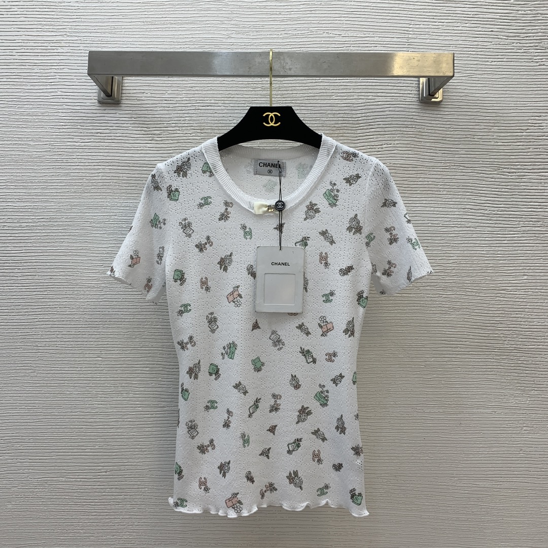 NO:312915,) Solid color, pattern number D25022758 Chane* new small fragrance style double C hollow design bow decorative slim short-sleeved sweater top!  (M size bust 74, sleeve length 20, garment length 59, elastic large size for reference only, chanel, T-shirt, alexander wang19860909）纯色、花色款号D25022758 Chane*新款小香风双C镂空设计蝴蝶结装饰修身显瘦短袖针织衫上衣！（M码胸围74,袖长20,衣长59面料弹力大尺寸仅供参考,,chanel,T-shirt,alexander wang,Women's clothing