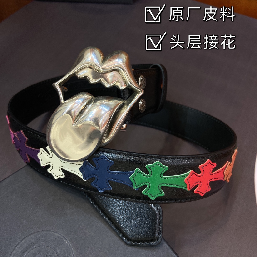 克罗心 可拆卸款 黄铜镀银舌头五金 原版头层小牛皮拼接头层十字花皮带