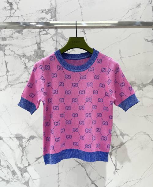 Gucci Double G Logo Knit Top - Short Sleeve Sweater, Pink and Blue 1 Gucci Double G Logo Knit Top - Short Sleeve Sweater, Pink and Blue