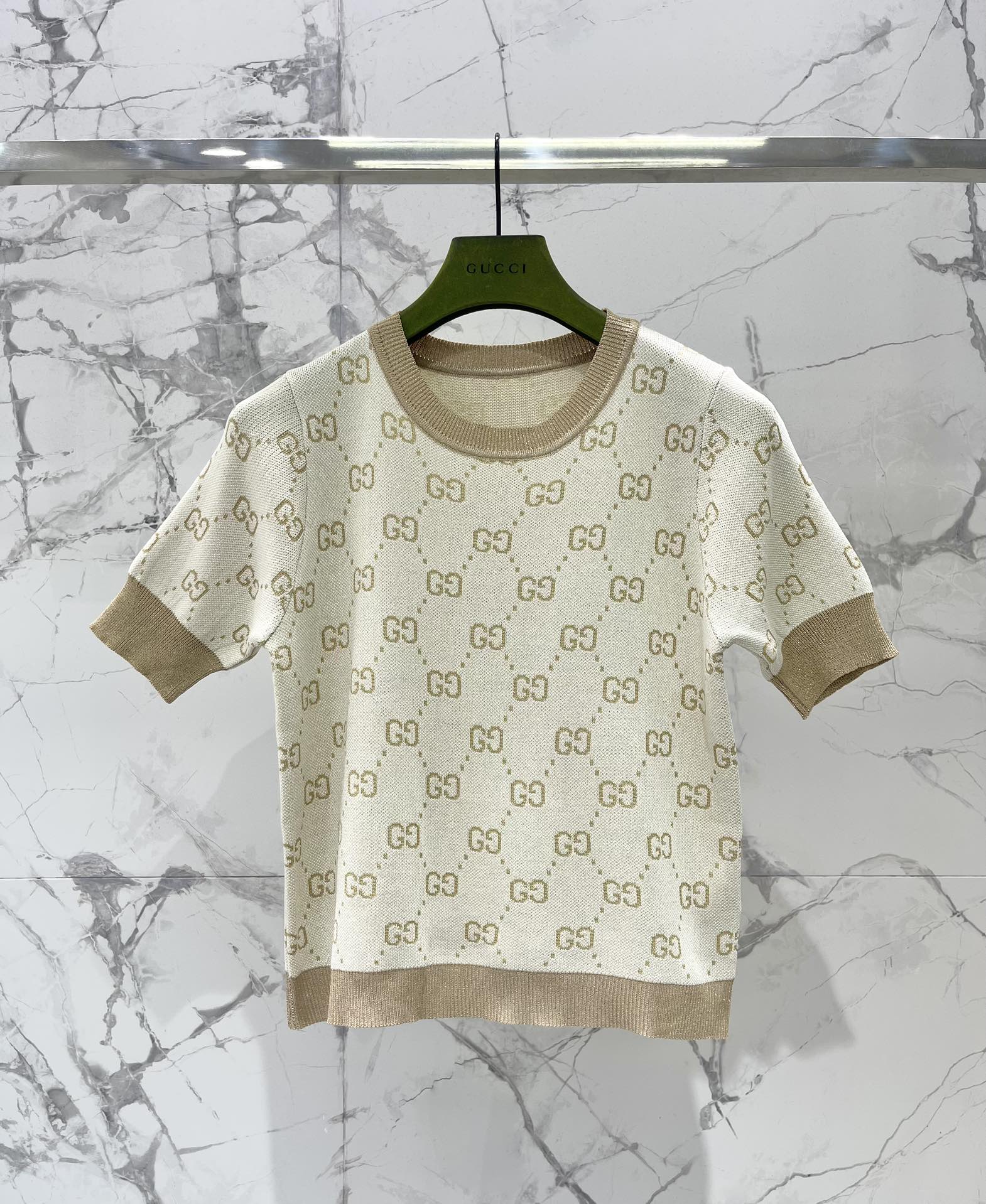 Gucci Double G Logo Knit Top, Short Sleeve Sweater