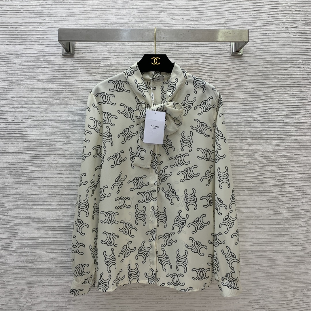NO:320112,Model number D25022843 CELIN*E new model custom imitation silk texture is silky and smooth!  The logo of Arc de Triomphe logo printed bow tie collar loose and versatile long-sleeved shirt!  (M size front bust 102/108, sleeve length 62, clothing length 66) hair, celine, real silk, alexander wang19860909款号D25022843 CELIN*E新款 定制仿真丝质感丝滑垂顺！满身标志凯旋门logo印花蝴蝶结系带领子宽松百搭气质长袖衬衣！（M码前胸围102/108,袖长62,衣长66）发,,celine,real silk,alexander wang,Women's clothing
