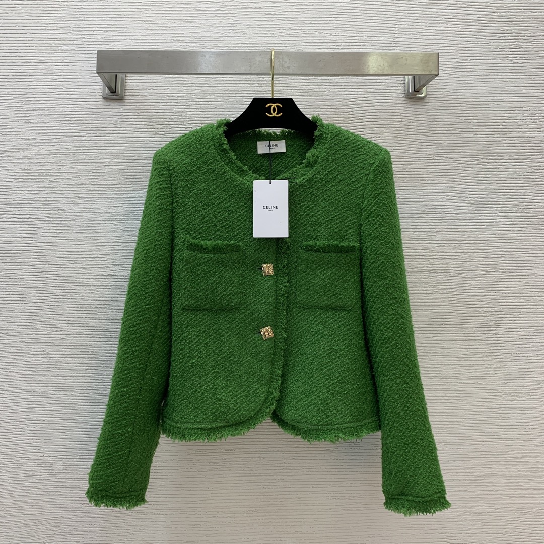 NO:320473,Model number G25030158 CELIN*E new high-end quality fixed-dye fabric, hem sewn metal chain decoration!  Temperature and fashionable double pockets with tassel edges and tweed woven short long-sleeved round neck small fragrant jacket!  Green, (M size shoulder width 38, bust 98, sleeve length 59, clothing length 53, celine, jackets & coats, alexander wang19860909款号G25030158 CELIN*E新款高端品质定染面料、下摆缝制金属链条装饰！气质时尚双口袋流苏边粗花呢编织短款长袖圆领小香风外套！绿色,（M码肩宽38,胸围98,袖长59,衣长53,,celine,jackets & coats,alexander wang,Women's clothing