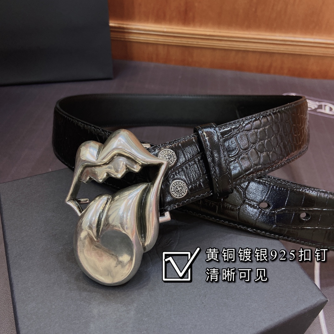 克罗心 可拆卸款 黄铜镀银s925舌头五金 头层鳄鱼纹皮带
