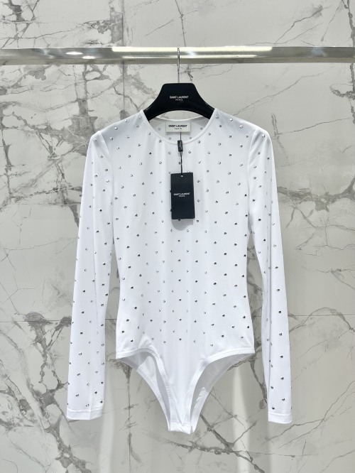 Saint Laurent Rhinestone Embellished Long Sleeve Bodysuit - White 1 Saint Laurent Rhinestone Embellished Long Sleeve Bodysuit – White