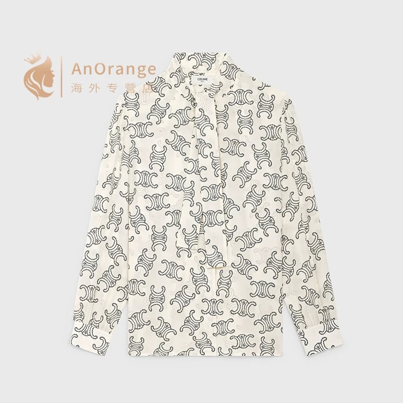 NO:320115,Model number D25022843 CELIN*E new model custom imitation silk texture is silky and smooth!  The logo of Arc de Triomphe logo printed bow tie collar loose and versatile long-sleeved shirt!  (M size front bust 102/108, sleeve length 62, clothing length 66), celine, real silk, alexander wang19860909款号D25022843 CELIN*E新款 定制仿真丝质感丝滑垂顺！满身标志凯旋门logo印花蝴蝶结系带领子宽松百搭气质长袖衬衣！（M码前胸围102/108,袖长62,衣长66）,,celine,real silk,alexander wang,Women's clothing