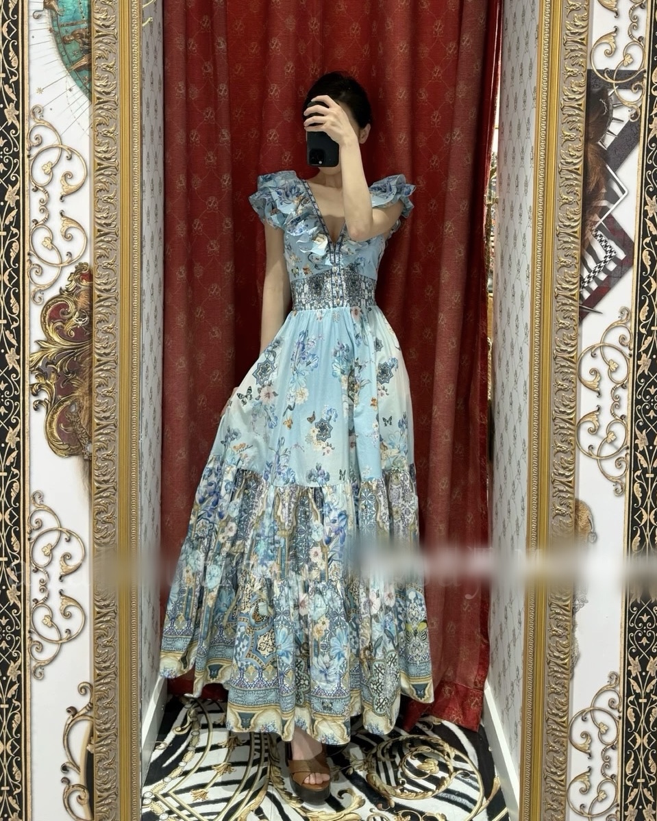 NO:320479,Model number G25030147 ZIMMERMA*N Australia brand High-end customization system fake style contrast color smudge retro printed ethnic style spliced ​​oversized skirt hem, ruffled flipping sleeves waist-closing to make you look slim and deep V-neck long skirt dress!  1.2.3.4/SMLXL (M size bust 82~92, waist 62~72 elastic, skirt length 130, skirts, alexander wang19860909款号G25030147 ZIMMERMA*N兹默曼澳洲品牌 高端定制度假风撞色晕染复古印花民族风拼接超大裙摆 荷叶边飞飞袖收腰显瘦深V领长裙连衣裙！1.2.3.4/SMLXL（M码胸围82～92,腰围62～72松紧,裙长130,,skirts,alexander wang,Women's clothing