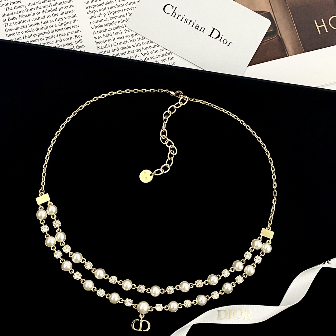Dior Pearl and Crystal Double Layer CD Necklace - Elegant and Refined 3 i1740809436 569 0