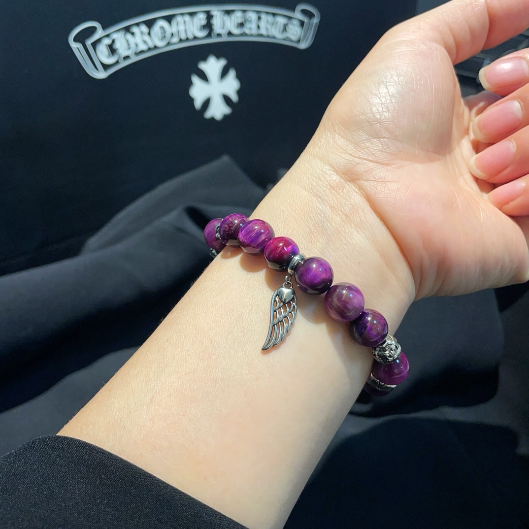 Chrome Hearts Style Purple Beaded Bracelet with Wing Charm and Sterling Silver Accents 6 i1740843823 1931 4