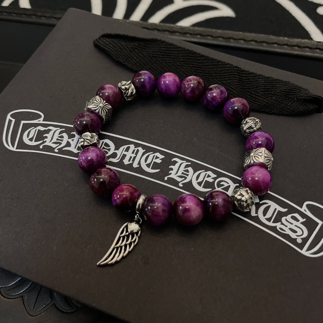Chrome Hearts Style Purple Beaded Bracelet with Wing Charm and Sterling Silver Accents 5 i1740843823 1966 3