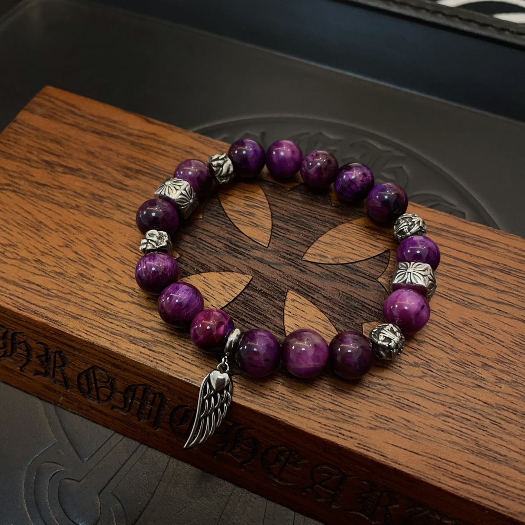 Chrome Hearts Style Purple Beaded Bracelet with Wing Charm and Sterling Silver Accents 3 i1740843823 4316 1