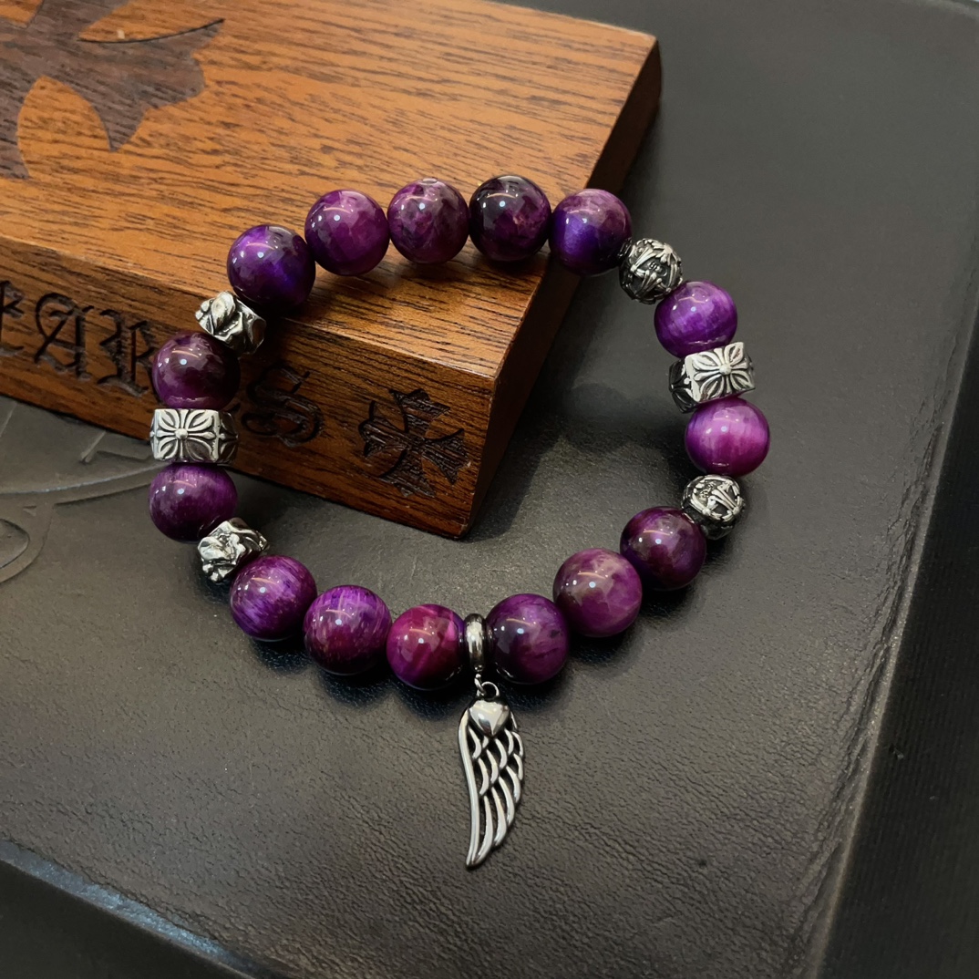 Chrome Hearts Style Purple Beaded Bracelet with Wing Charm and Sterling Silver Accents 4 i1740843823 5361 2