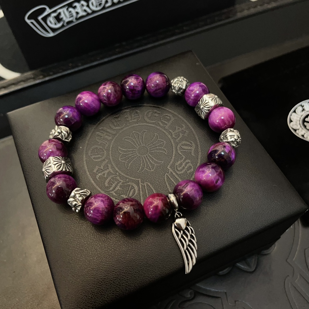 Chrome Hearts Style Purple Beaded Bracelet with Wing Charm and Sterling Silver Accents 8 i1740843823 5461 6