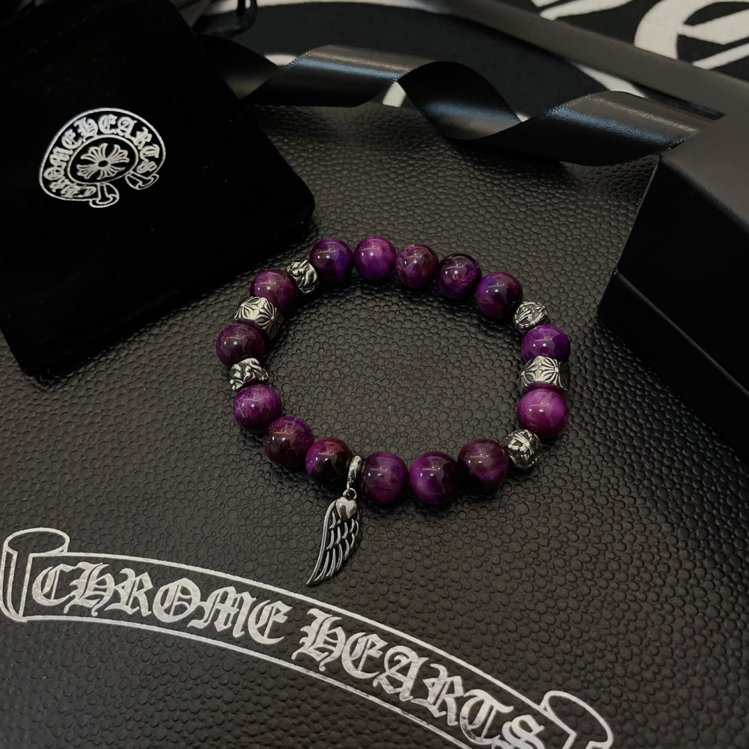 Chrome Hearts Style Purple Beaded Bracelet with Wing Charm and Sterling Silver Accents 9 i1740843823 9028 7