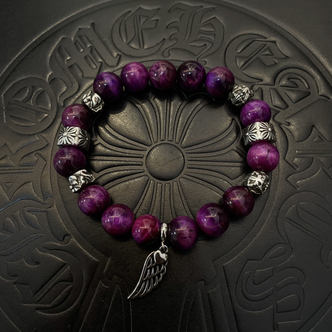 Chrome Hearts Style Purple Beaded Bracelet with Wing Charm and Sterling Silver Accents