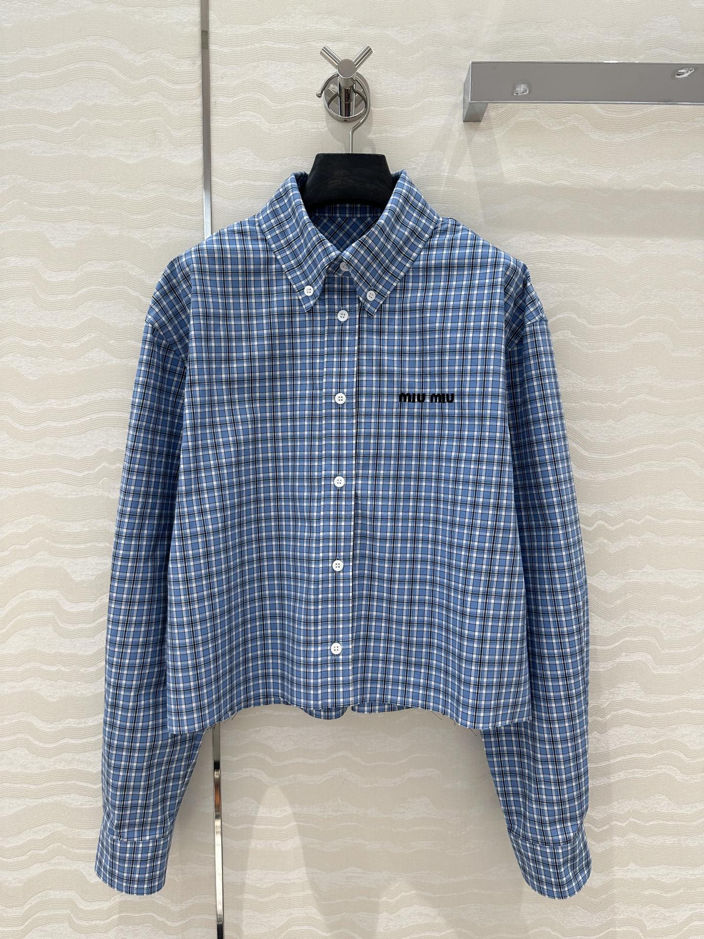独家首发❤️原单品质🌸miu系少女穿搭！知性分子学院风 新蓝格子短款衬衫！进口定织精纺色织格纹纯棉衬衫面