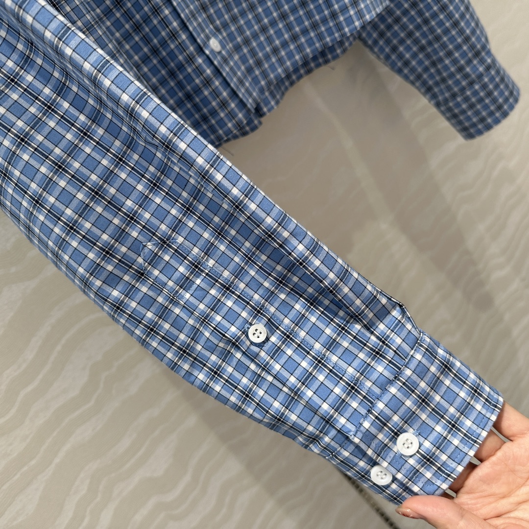 独家首发❤️原单品质🌸miu系少女穿搭！知性分子学院风 新蓝格子短款衬衫！进口定织精纺色织格纹纯棉衬衫面