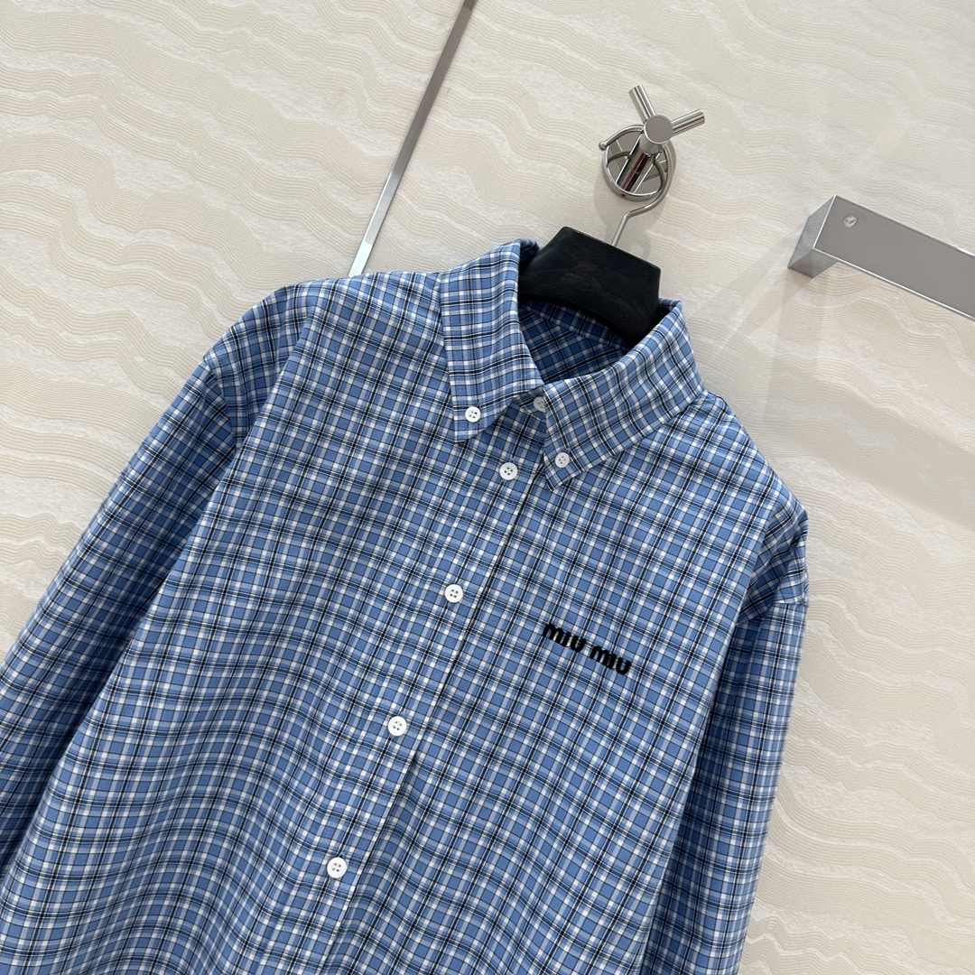 独家首发❤️原单品质🌸miu系少女穿搭！知性分子学院风 新蓝格子短款衬衫！进口定织精纺色织格纹纯棉衬衫面